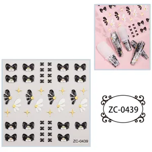 5D embossed nail art stickers featuring black white bows and flowers for creative DIY design.