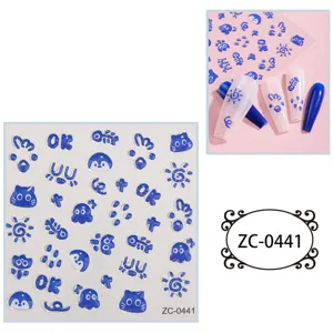 5D embossed blue cartoon nail stickers DIY cute cat penguin doodle adhesive decals for art design