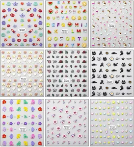 Cute 5D embossed stickers for DIY phone case, cartoon animal and fruit designs, 9 sheets pack.