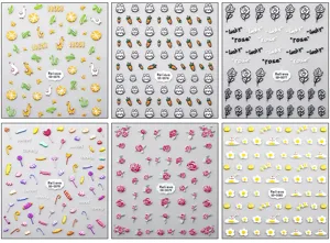 Detailed view of 5D embossed cute nail stickers featuring various cartoon designs and patterns.