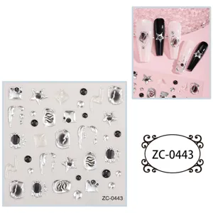 3D silver black nail art stickers embossed geometry and star nail charms sheet