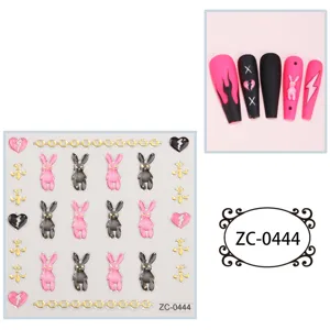 5D embossed cute rabbit nail stickers gothic black pink DIY adhesive nail art decals for women