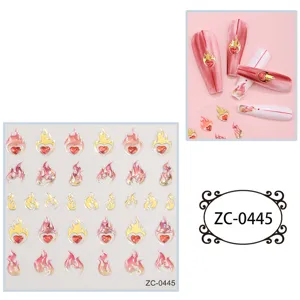 5D soft gel embossed nail stickers featuring cute heart flame designs, perfect for DIY nail art.