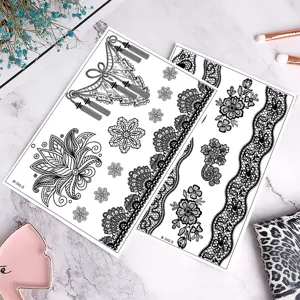 Pegatinas de Tatuaje Temporal de Encaje Hueco Negro Calcomanías de Arte Corporal de Henna Impermeables para Fiesta Mujeres y Niñas