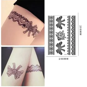 Adhesivo de tatuaje temporal de encaje negro impermeable sexy lazo arte corporal