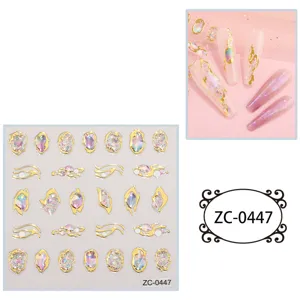 5D embossed gold-framed gemstone nail art stickers, DIY abstract crystal design decals for salon.