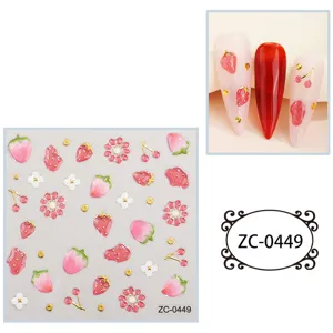 5D soft relief nail art stickers featuring cute strawberries, cherries, and sweet floral designs.