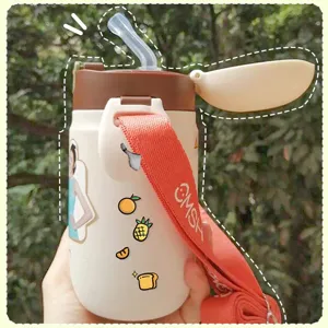 Cute cartoon insulated water bottle with straw and strap for students and daily outdoor use