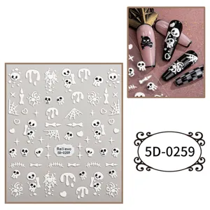 Adesivi per unghie in rilievo 5D con teschi di Halloween e ragnatele per manicure spettrali.