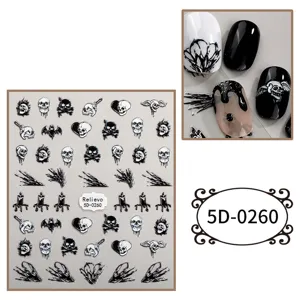 Adesivi per unghie in rilievo 5D con teschi e candele per manicure in stile gotico.