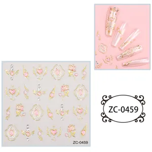 5D embossed hot stamping nail stickers with pink hearts, roses and rhinestones, Japanese style.