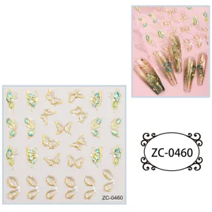 5D embossed gold foil butterfly nail stickers featuring stunning blue-green gradient details.
