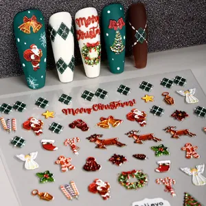 Adesivi per unghie natalizi in rilievo 5D con Babbo Natale, renne e motivi festivi.