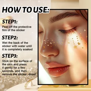 Close-up details of gold face sticker makeup, perfect for party and festival decorations.