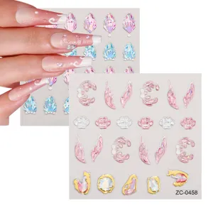 5D Embossed Soft Rubber Nail Art Stickers Mermaid Jellyfish Hot Stamping Decals DIY Manicure Decorations Accessories