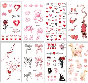Cute waterproof temporary tattoo stickers detail showing heart, bear and bow designs for Valentine.
