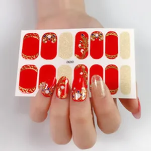 Chinese red gold nail wraps stickers press on nails bridal wedding nail art decals