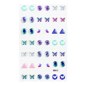Colorful 3D butterfly geometric rhinestone earring stickers face gems for makeup and decoration.