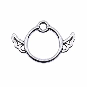 Ancient silver round wing pendant charm, DIY jewelry making accessory detail view 13x19mm