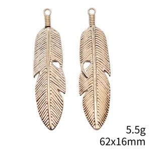 Gold metal feather pendant charm for DIY jewelry making accessories 62x16mm 5.5g piece