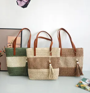 Modische geflochtene Stroh Umhängetasche mit Kontrastfarbe Design, große Strand Handtasche.