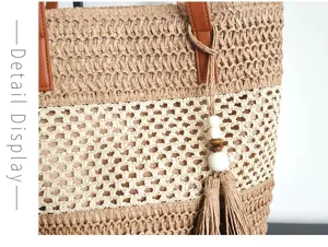 Detailansicht der gewebten Strohtasche mit kontrastierendem Lochstrick und Quaste.