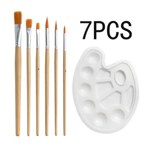 Lot de 7 pinceaux artistiques avec manche en bois et palette blanche pour peinture