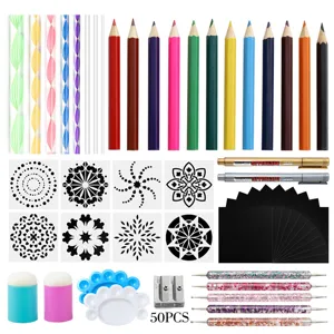 Mandala dotting art tools set with stencils, colored pencils, and pens for DIY rock painting.