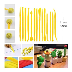 Clay sculpting tool set with carving knives, modeling needles, and cute miniature cactus models.