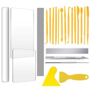 23-piece pottery clay sculpting tool set with acrylic rolling pin and rectangular sheets.