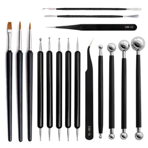 16-piece pottery clay sculpting tools set with dotting pens, brushes and tweezers for DIY crafts.