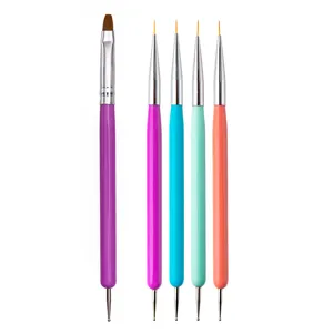 Detailed view of 5-piece nail dotting and line painting brush set with vibrant handles.
