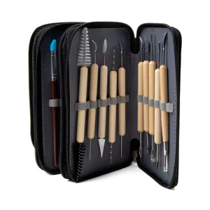 Professional pottery clay sculpting tool set with black zippered storage case for artists