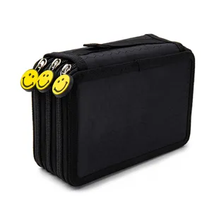 Multi-layer black storage bag pencil case with cute yellow smiley face zipper pulls for daily use.
