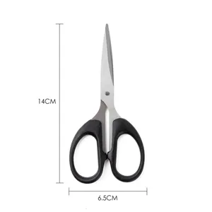 Detailed view of precision stainless steel craft scissors with ergonomic black handles, 14cm.