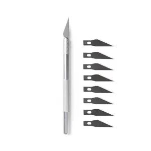 Precision craft knife set with aluminum handle and 8 replacement blades for art carving.