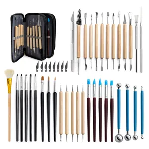 45-Piece Pottery Clay Sculpting Tool Set with Wooden Handles and Storage Bag Kit