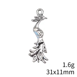 Vintage silver peacock phoenix pendant charm for jewelry making DIY crafts 31x11mm