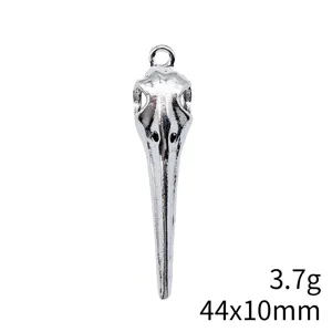 Silver bird skull pendant DIY jewelry accessory, gothic crow skull charm 44x10mm 3.7g.