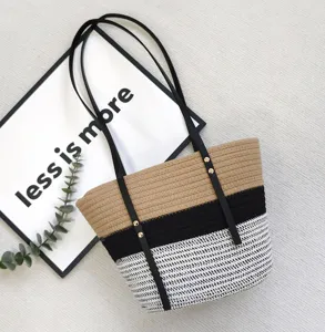 Farbblock gewebte Umhängetasche mit PU-Riemen, elegante Pendler Shopper Tasche.