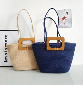 Große Baumwollseil geflochtene Tote-Bag mit Holzgriffen, ideal für Strand und den täglichen Weg.