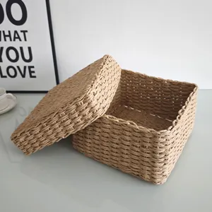 Papieren touw geweven opbergdoos met deksel, bureau organizer voor documenten en kleine spullen.