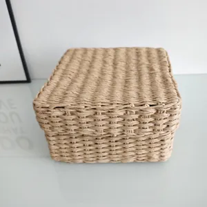 Geweven opbergdoos met deksel, papierkoord organizer voor bureau en diverse spullen.