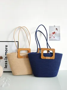Damen Gewebte Baumwollseil Totebag Große Kapazität Schulterhandtasche Mit Holzgriff Für Urlaub Strand Alltag Einkaufstasche