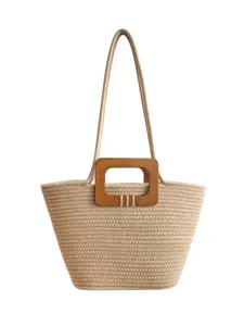 Gewebte Stroh-Shopper Tasche mit Holzgriff, grosse Umhängetasche für Strandurlaub und Alltag.