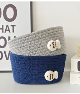Baumwollseil Aufbewahrungskorb Detail, süßer Fisch-Aufnäher, Desktop-Organizer für Kosmetik.