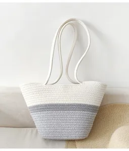 Gewebte Baumwollseil Schulter-Einkaufstasche, stilvolles Farbdruck-Design, große Freizeittasche.