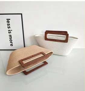 Gewebte Baumwollseil Tragetasche mit Holzgriff Freizeit Retro Handtasche für Damen Alltag