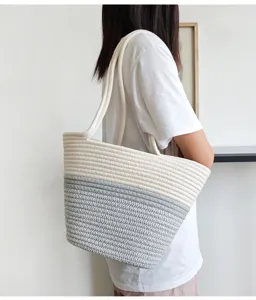 Geflochtene Baumwollseil Schultertasche große Kapazität zweifarbige lässige Strand Tote für Damen