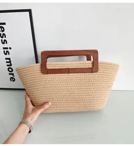 Schicke gewebte Strohtasche mit Holzgriff, vintage lässige Sommer Strand Handtasche.